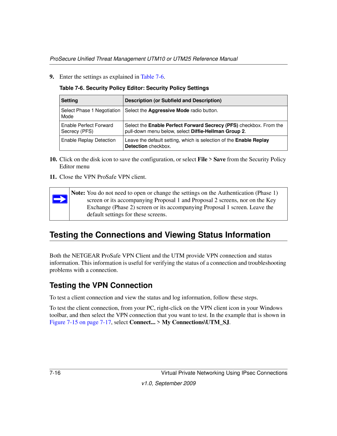 NETGEAR UTM10EW-100NAS, UTM25-100NAS Testing the Connections and Viewing Status Information, Testing the VPN Connection 