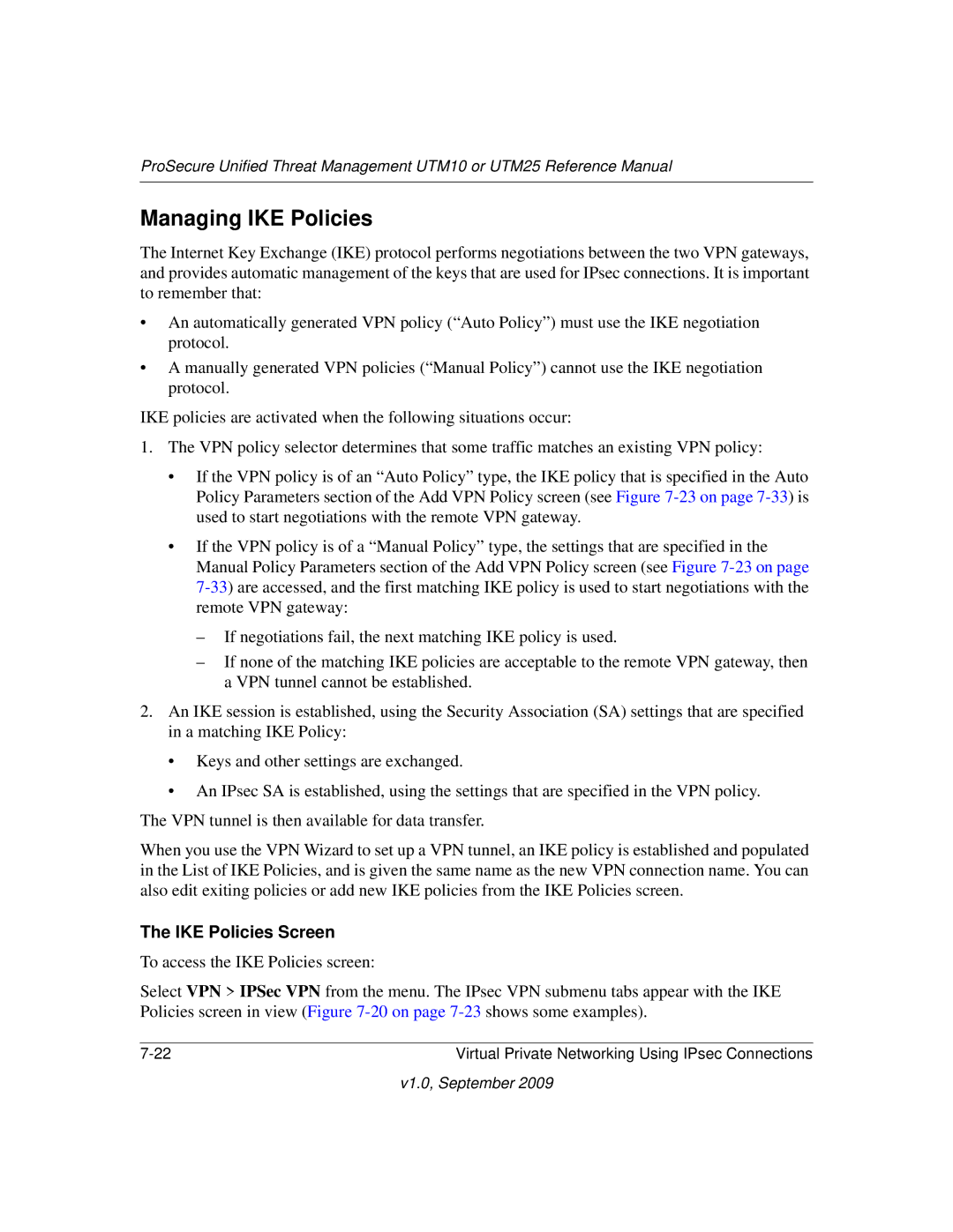 NETGEAR UTM10EW-100NAS, UTM25-100NAS, UTM25EW-100NAS manual Managing IKE Policies, IKE Policies Screen 