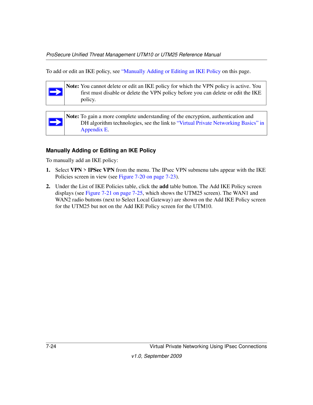 NETGEAR UTM25-100NAS, UTM10EW-100NAS, UTM25EW-100NAS manual Manually Adding or Editing an IKE Policy 