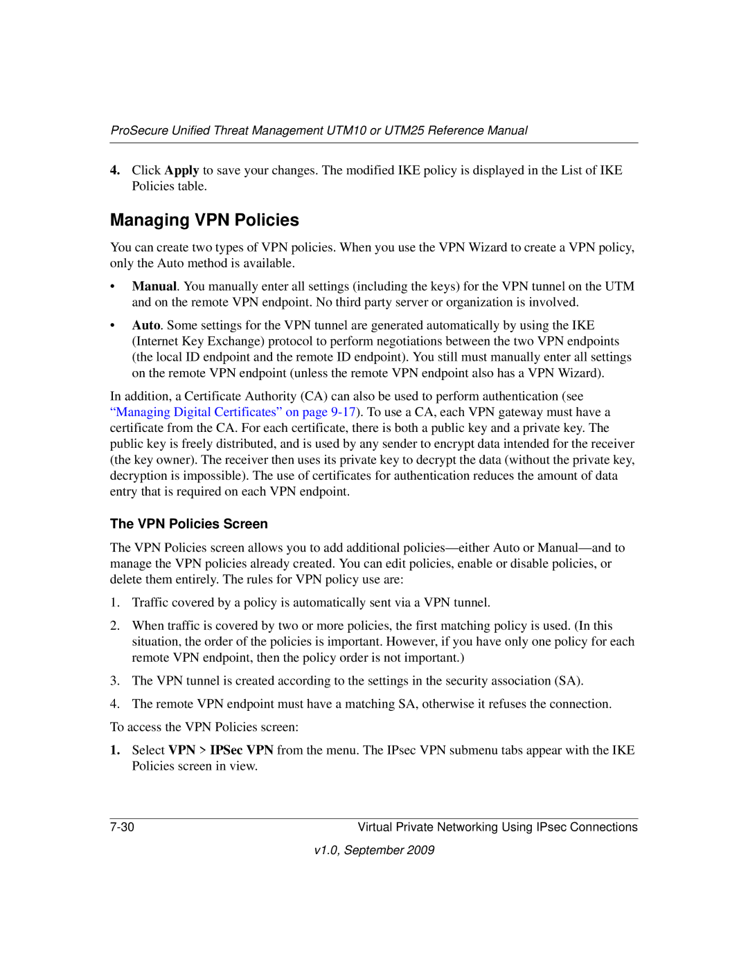 NETGEAR UTM25-100NAS, UTM10EW-100NAS, UTM25EW-100NAS manual Managing VPN Policies, VPN Policies Screen 