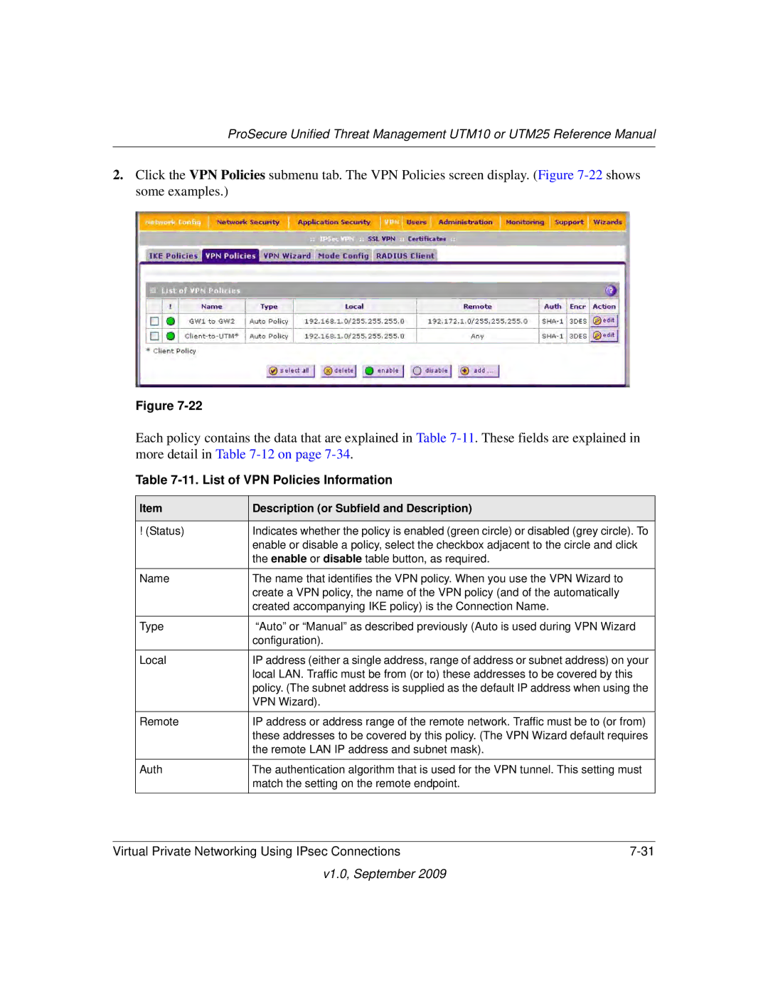 NETGEAR UTM10EW-100NAS, UTM25-100NAS, UTM25EW-100NAS manual List of VPN Policies Information, Remote 