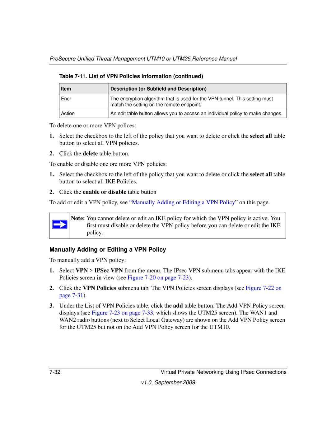 NETGEAR UTM25EW-100NAS, UTM25-100NAS, UTM10EW-100NAS manual Manually Adding or Editing a VPN Policy 