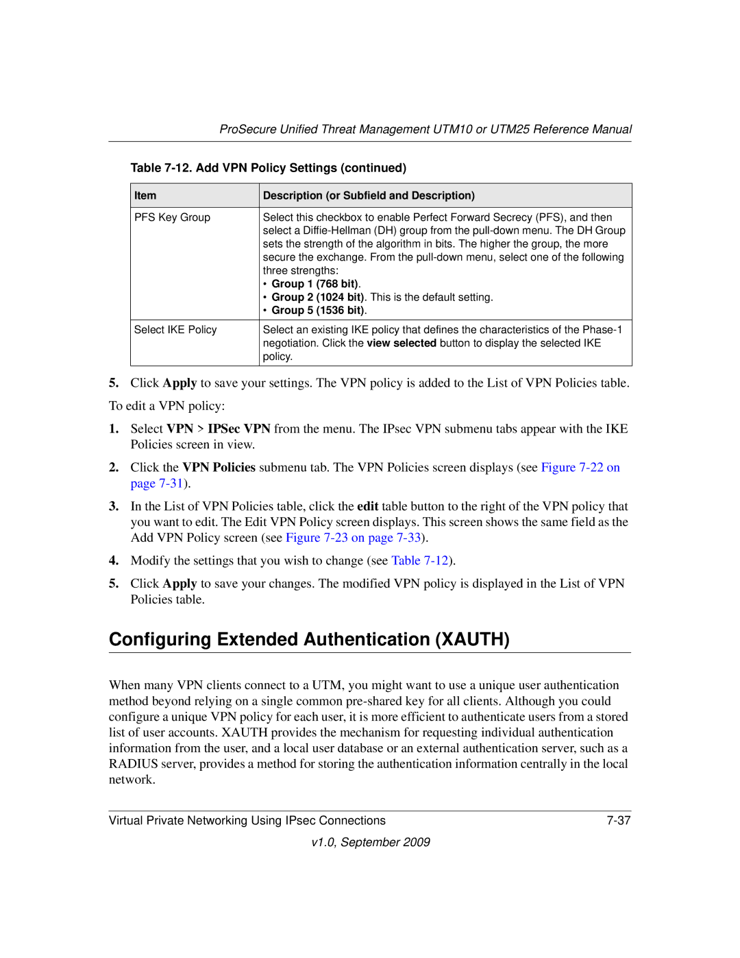 NETGEAR UTM10EW-100NAS, UTM25-100NAS manual Configuring Extended Authentication Xauth, Group 768 bit, Group 1536 bit 