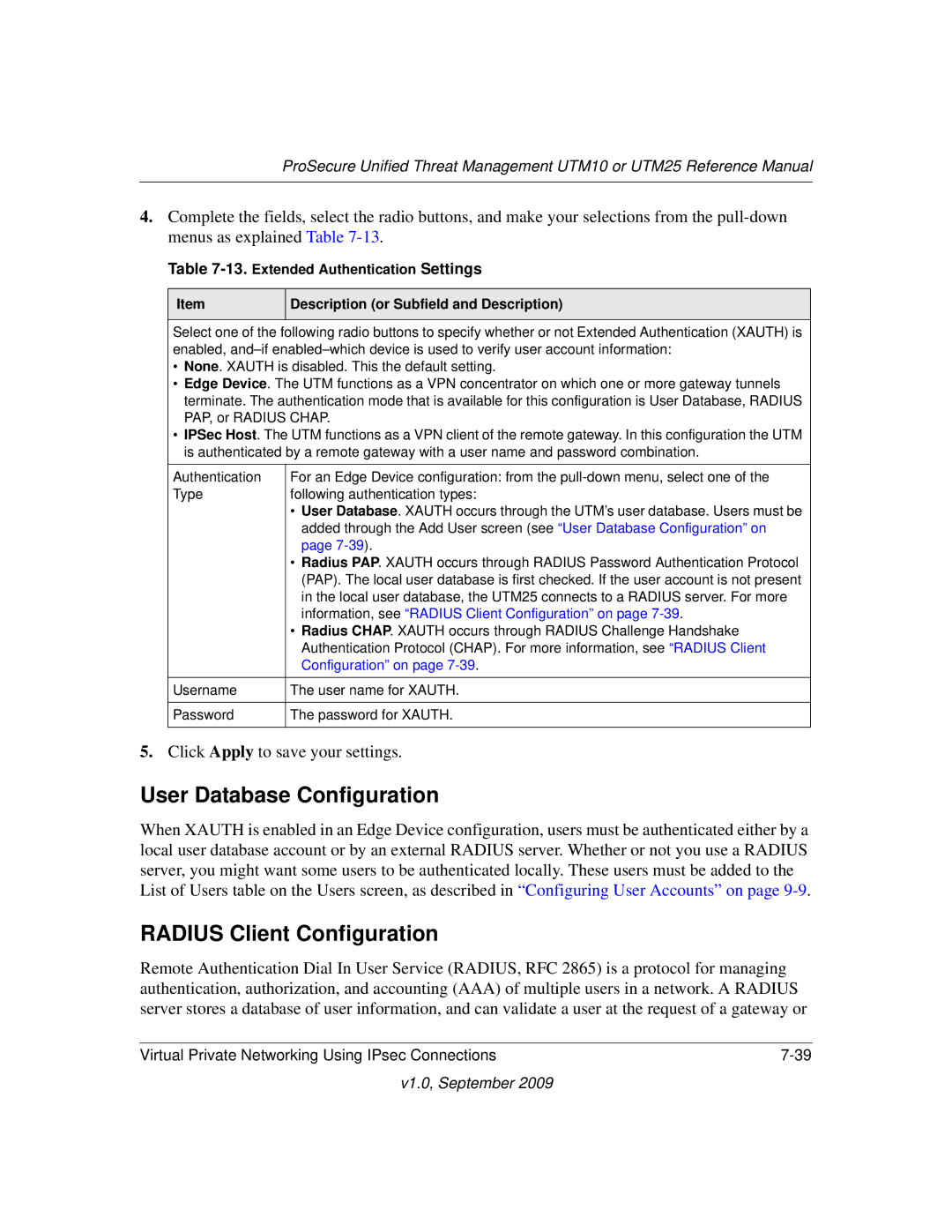 NETGEAR UTM25-100NAS, UTM10EW-100NAS, UTM25EW-100NAS manual User Database Configuration, Radius Client Configuration 