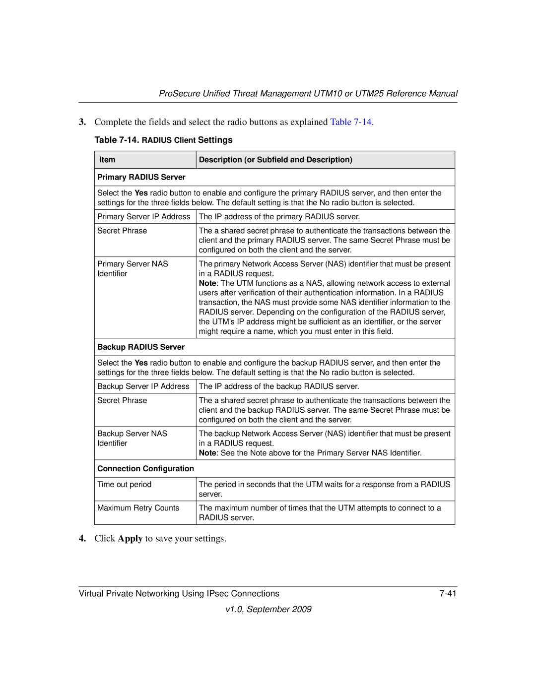 NETGEAR UTM25EW-100NAS manual Radius Client Settings, Primary Radius Server, Backup Radius Server, Connection Configuration 