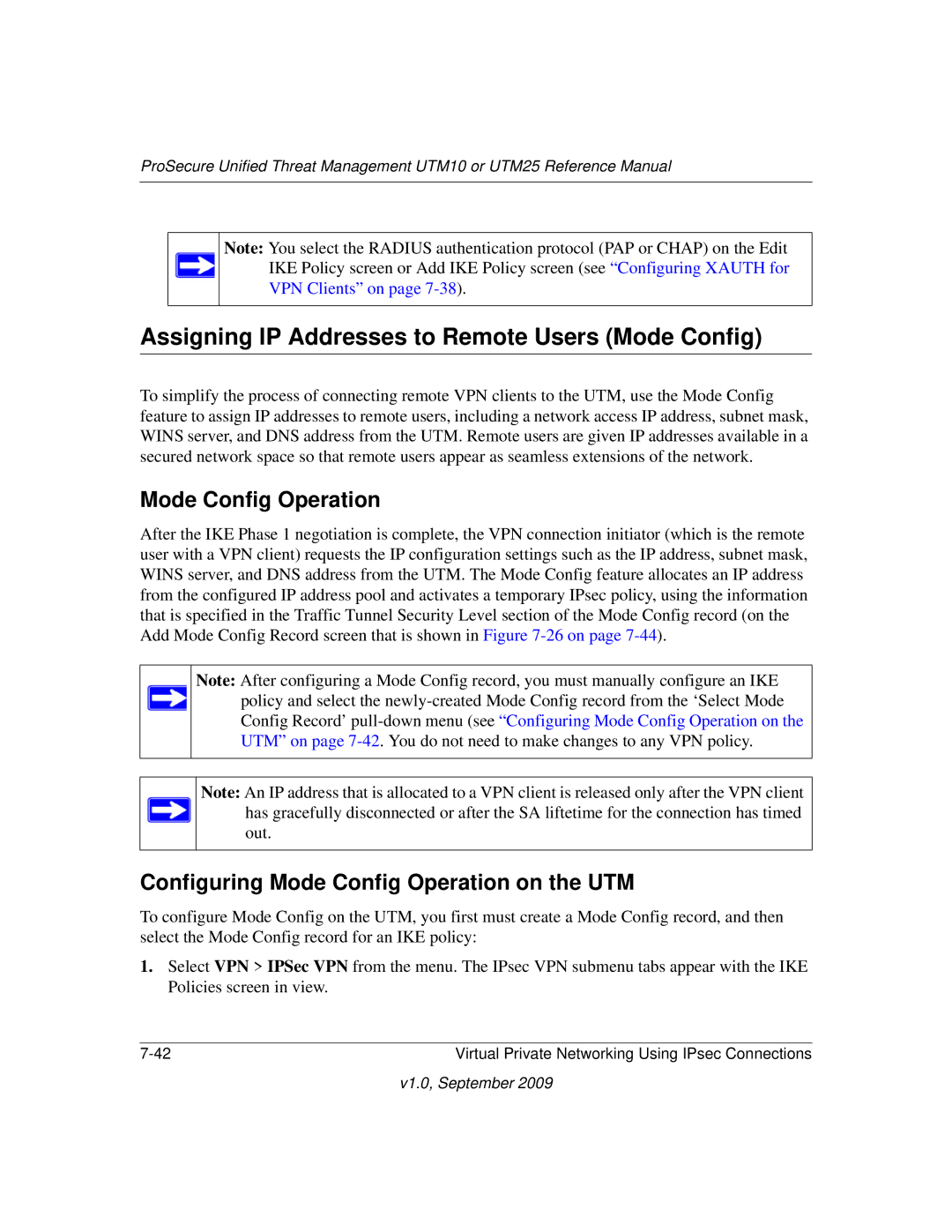 NETGEAR UTM25-100NAS, UTM10EW-100NAS manual Assigning IP Addresses to Remote Users Mode Config, Mode Config Operation 