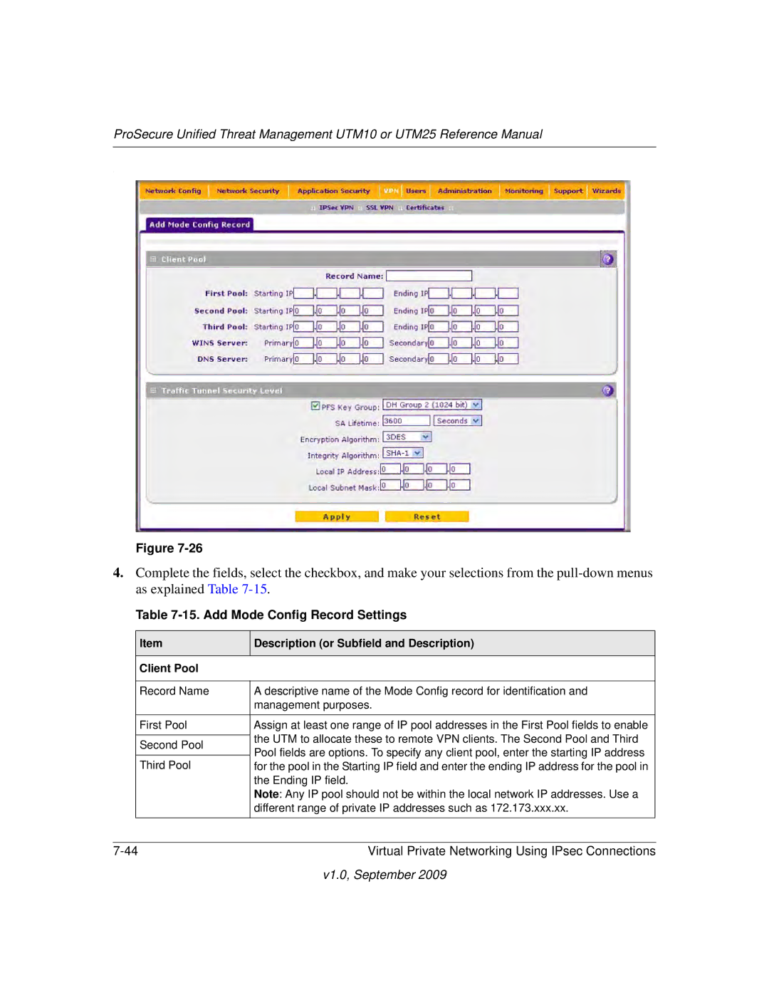 NETGEAR UTM25EW-100NAS, UTM25-100NAS, UTM10EW-100NAS manual Add Mode Config Record Settings, Client Pool 