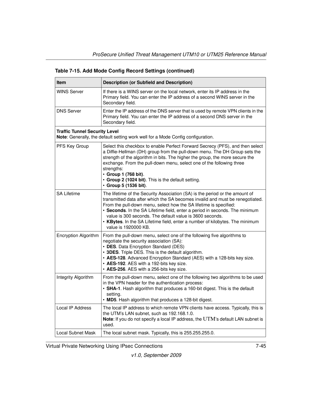 NETGEAR UTM25-100NAS, UTM10EW-100NAS, UTM25EW-100NAS manual Traffic Tunnel Security Level, Group 1 768 bit 