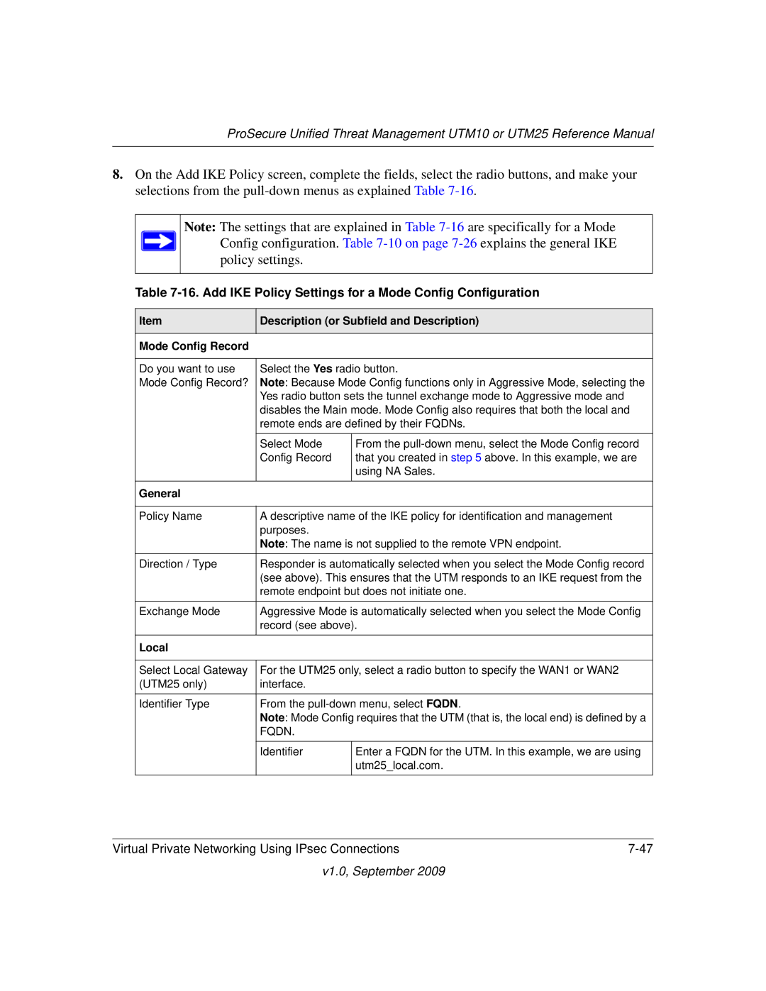 NETGEAR UTM25EW-100NAS, UTM25-100NAS manual Add IKE Policy Settings for a Mode Config Configuration, Mode Config Record 