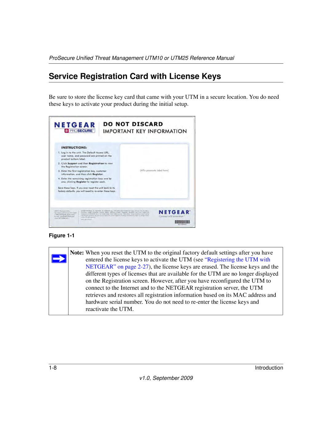 NETGEAR UTM25EW-100NAS, UTM25-100NAS, UTM10EW-100NAS manual Service Registration Card with License Keys 