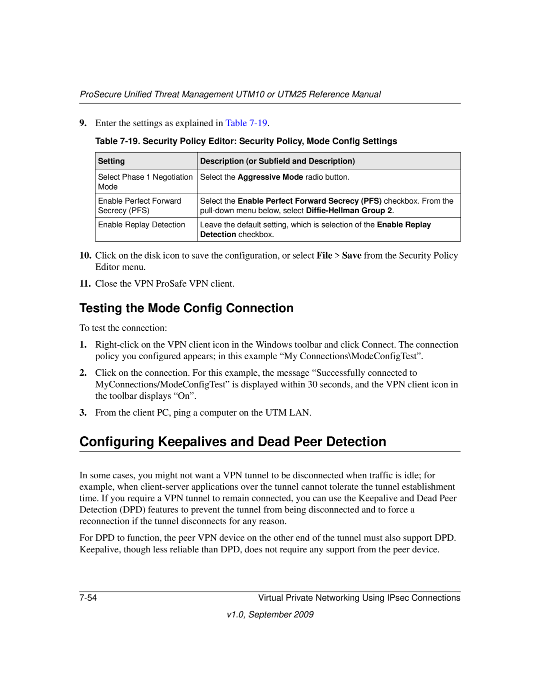 NETGEAR UTM25-100NAS, UTM10EW-100NAS Configuring Keepalives and Dead Peer Detection, Testing the Mode Config Connection 