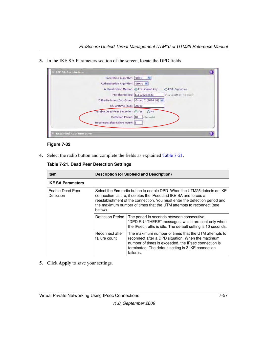 NETGEAR UTM25-100NAS, UTM10EW-100NAS, UTM25EW-100NAS manual Dead Peer Detection Settings, IKE SA Parameters 