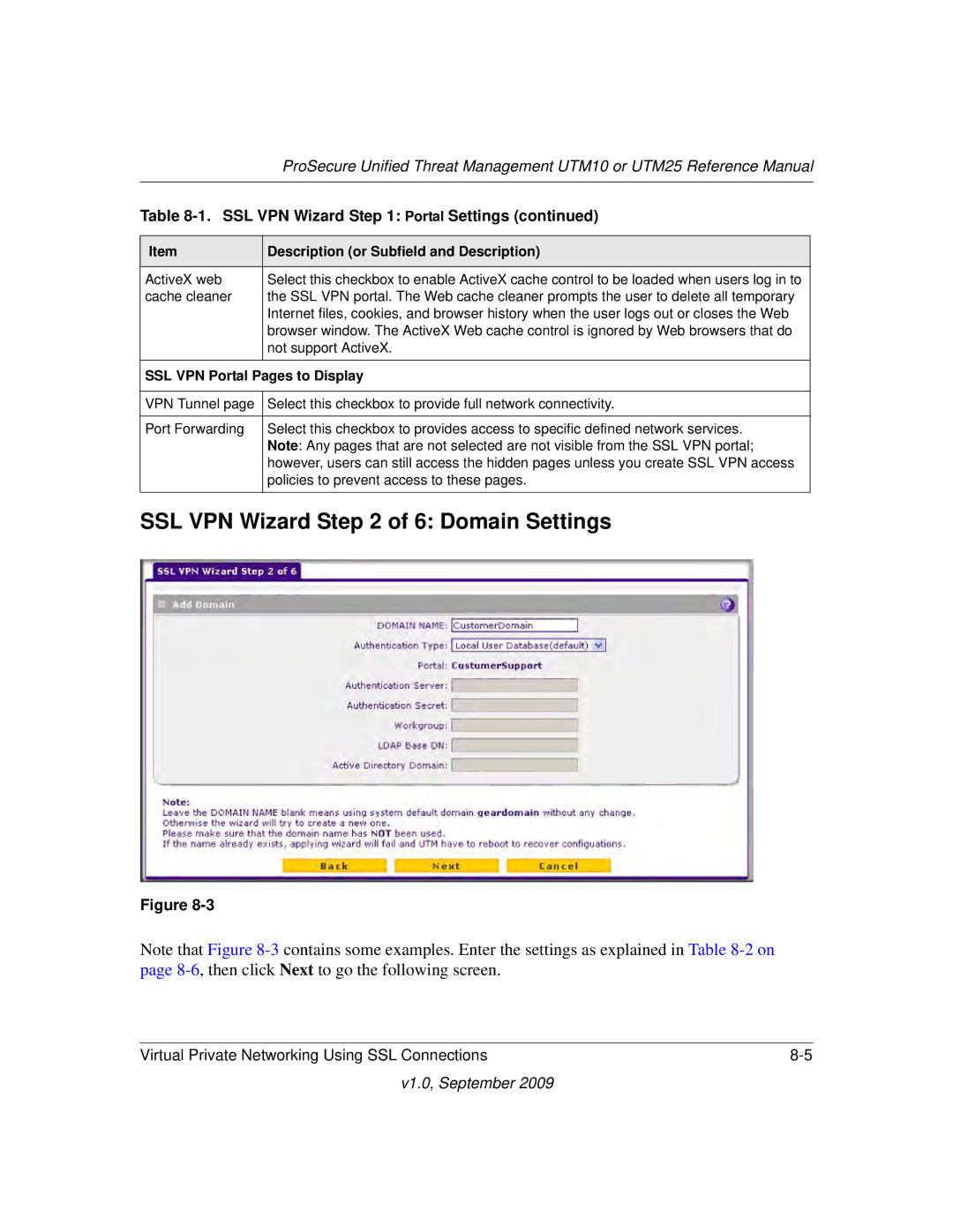 NETGEAR UTM25-100NAS, UTM10EW-100NAS, UTM25EW-100NAS SSL VPN Wizard of 6 Domain Settings, SSL VPN Portal Pages to Display 