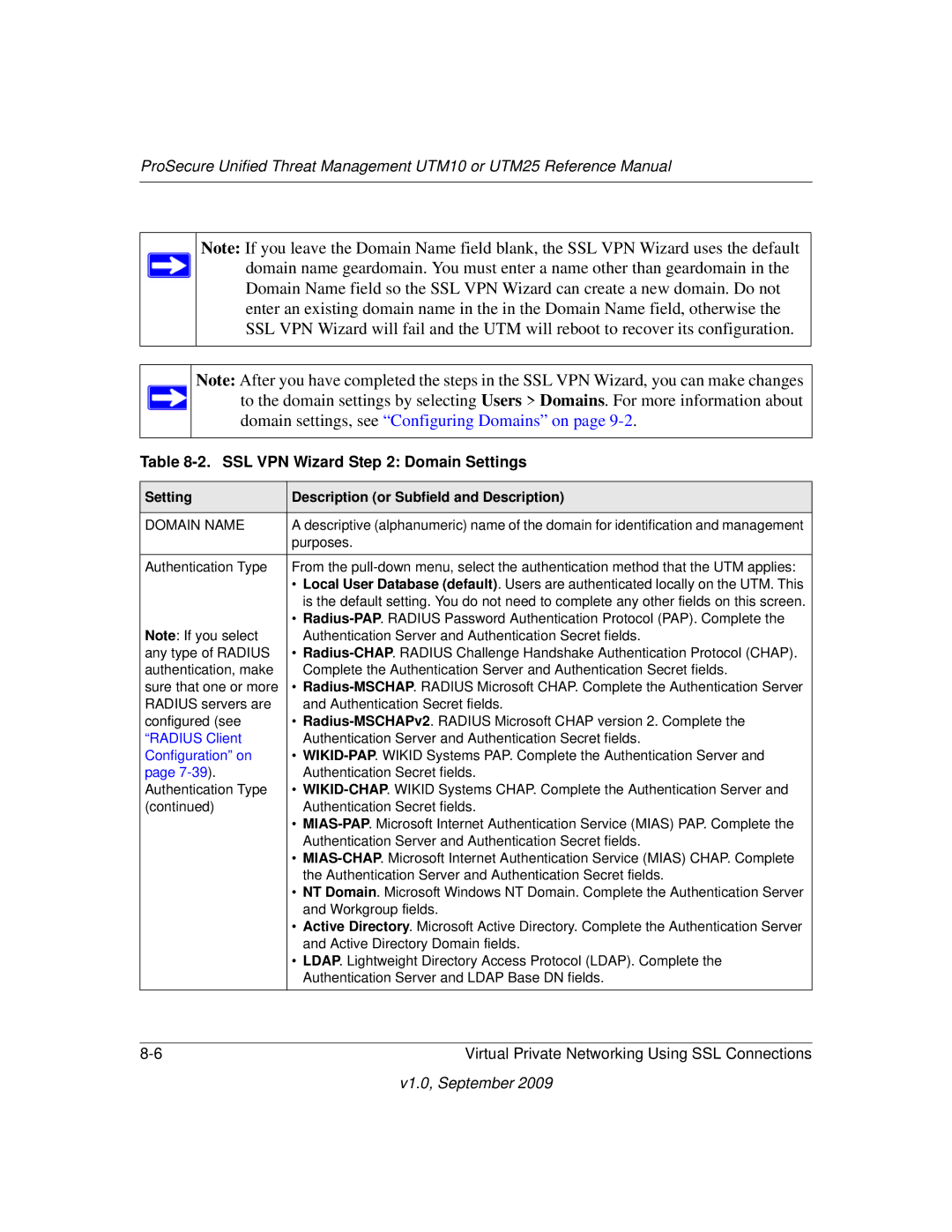 NETGEAR UTM10EW-100NAS, UTM25-100NAS, UTM25EW-100NAS manual SSL VPN Wizard Domain Settings, Domain Name, Radius Client 
