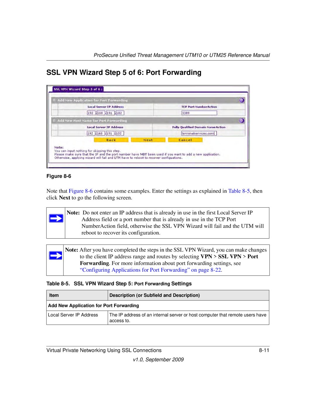 NETGEAR UTM25-100NAS, UTM10EW-100NAS manual SSL VPN Wizard of 6 Port Forwarding, SSL VPN Wizard Port Forwarding Settings 