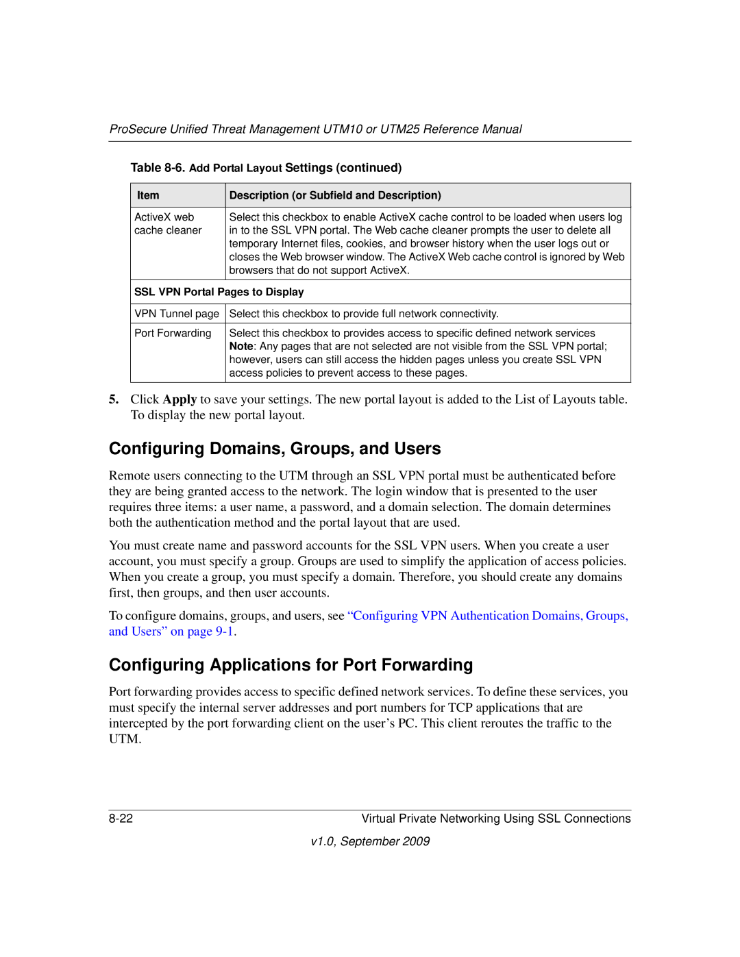 NETGEAR UTM25EW-100NAS, UTM25-100NAS Configuring Domains, Groups, and Users, Configuring Applications for Port Forwarding 