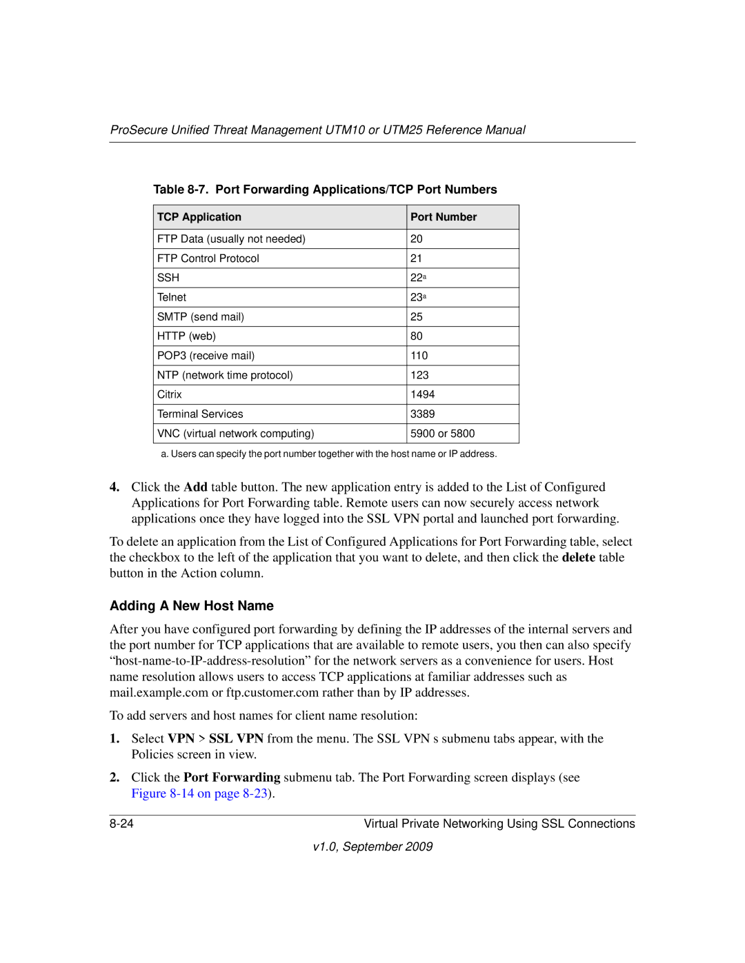 NETGEAR UTM10EW-100NAS Adding a New Host Name, Port Forwarding Applications/TCP Port Numbers, TCP Application Port Number 