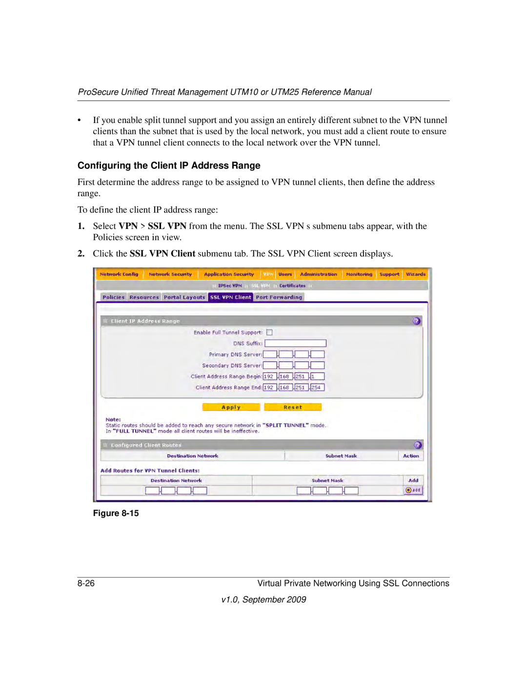 NETGEAR UTM25-100NAS, UTM10EW-100NAS, UTM25EW-100NAS manual Configuring the Client IP Address Range 