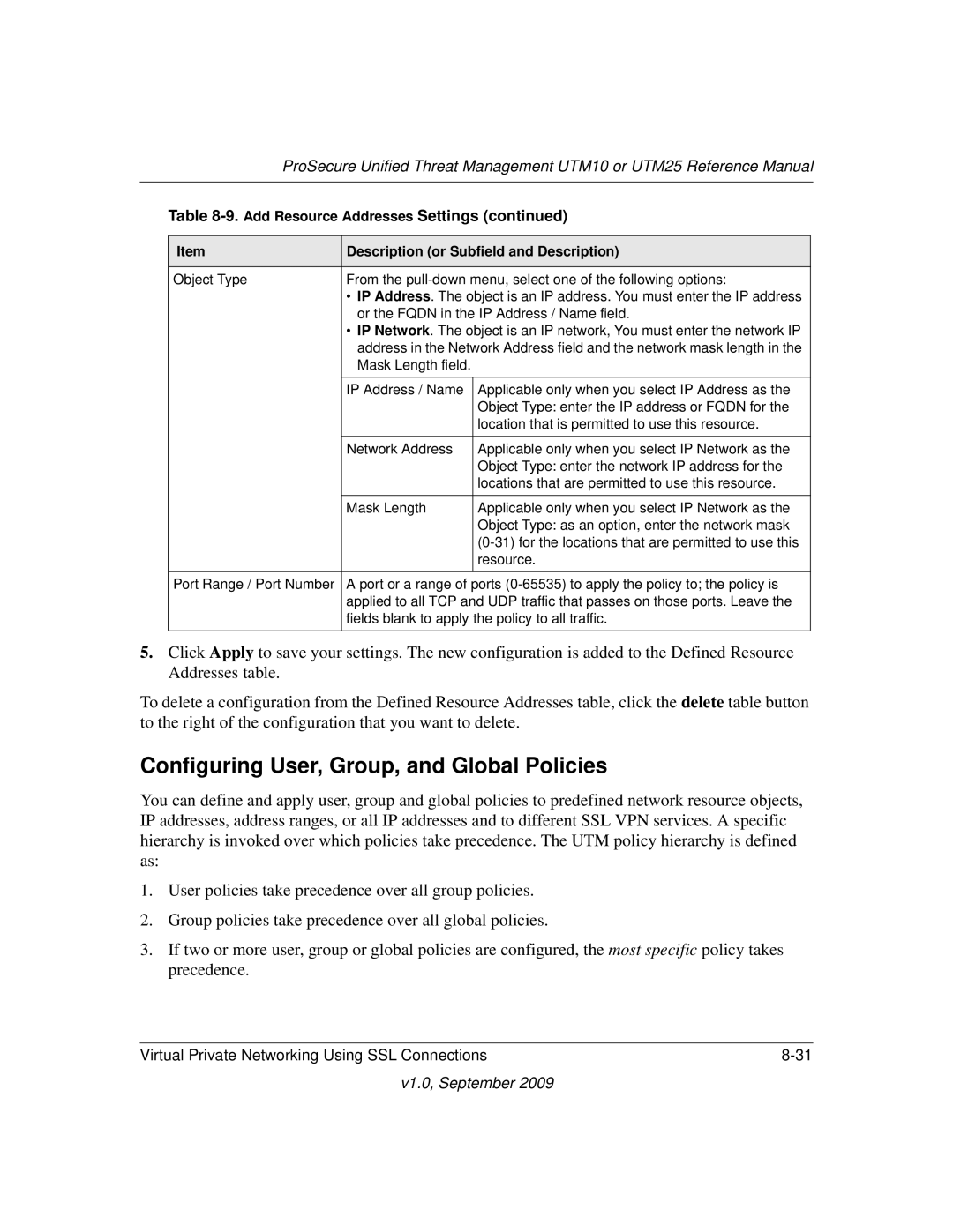 NETGEAR UTM25EW-100NAS, UTM25-100NAS manual Configuring User, Group, and Global Policies, Add Resource Addresses Settings 