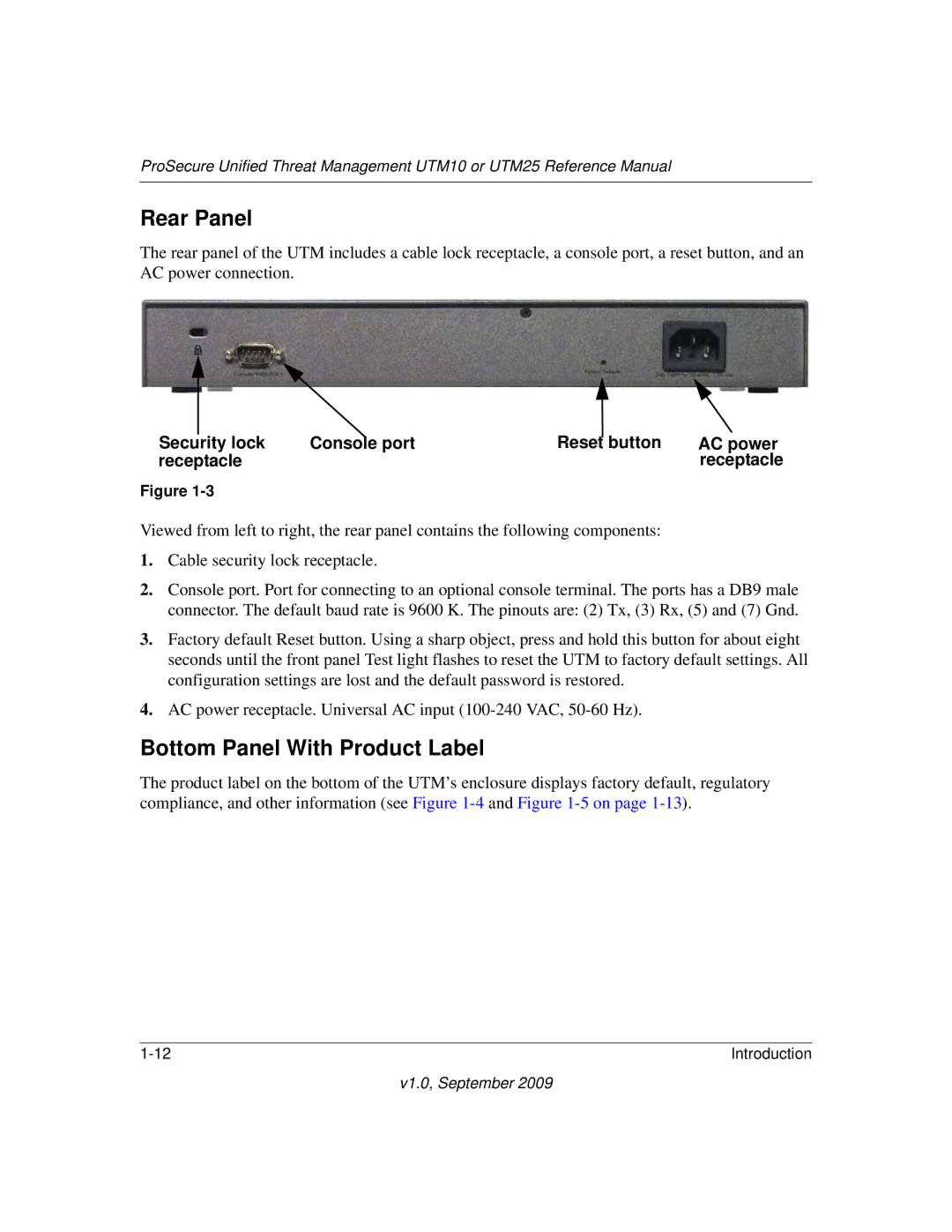 NETGEAR UTM25-100NAS, UTM10EW-100NAS, UTM25EW-100NAS manual Rear Panel, Bottom Panel With Product Label, Receptacle 