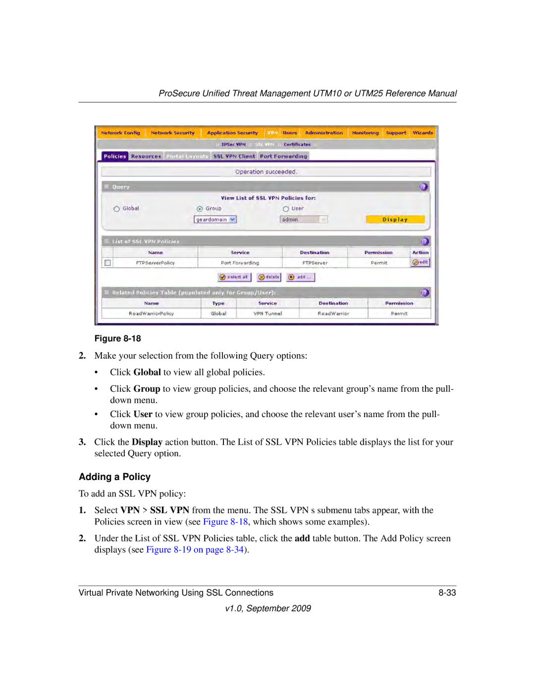 NETGEAR UTM10EW-100NAS, UTM25-100NAS, UTM25EW-100NAS manual Adding a Policy 