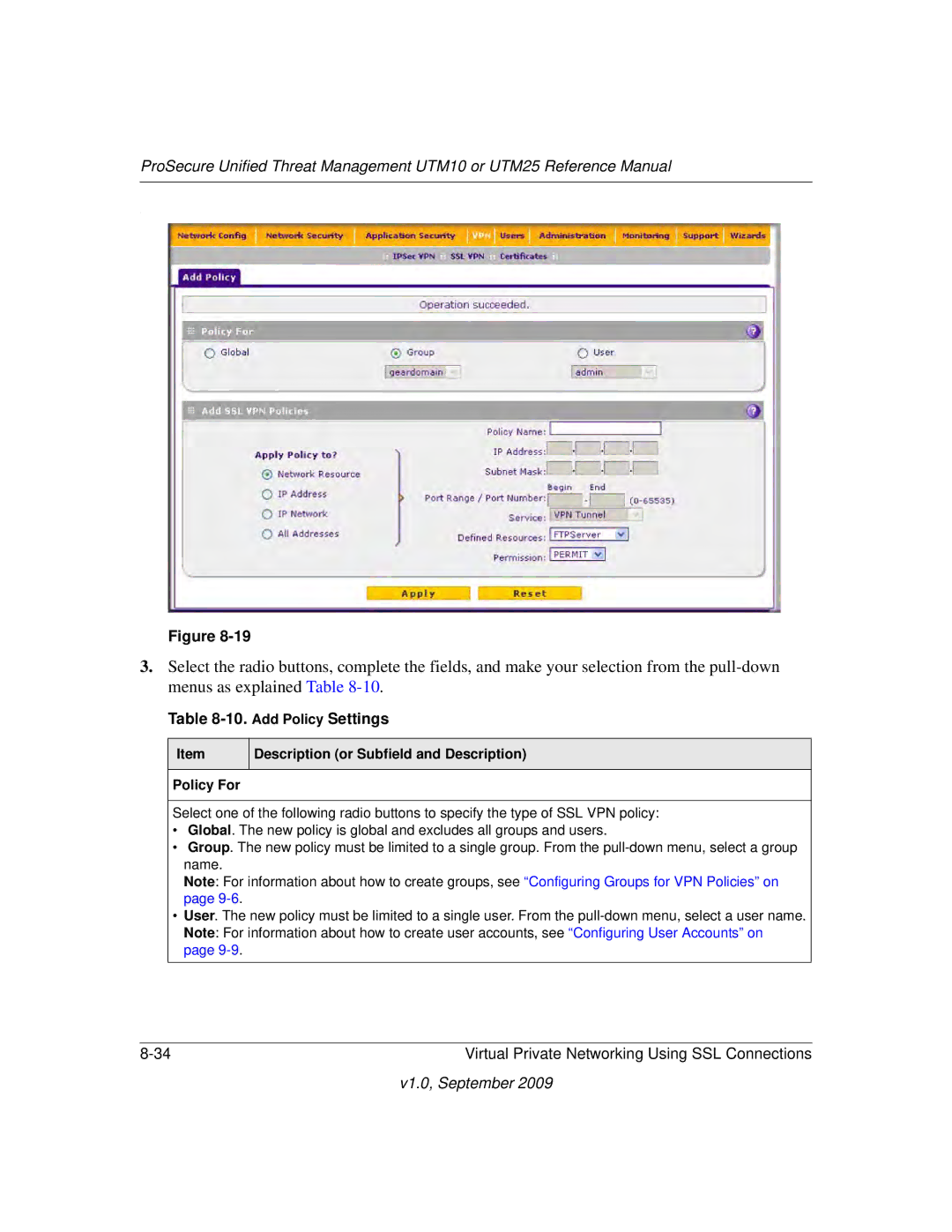 NETGEAR UTM25EW-100NAS, UTM25-100NAS, UTM10EW-100NAS manual Add Policy Settings, Policy For 