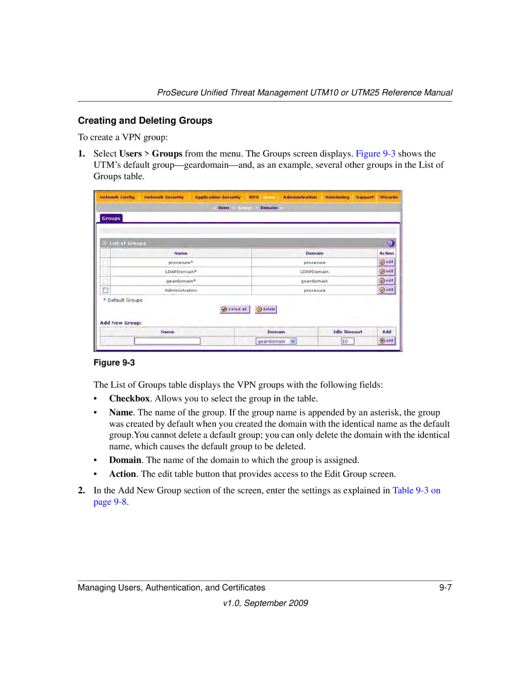 NETGEAR UTM10EW-100NAS, UTM25-100NAS, UTM25EW-100NAS manual Creating and Deleting Groups 