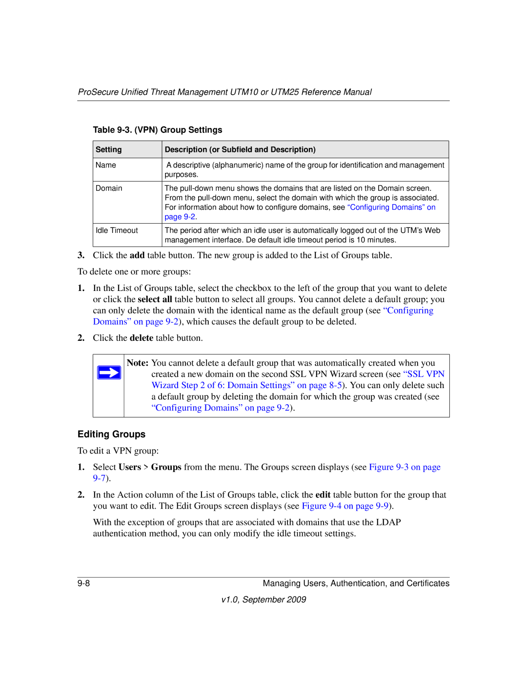NETGEAR UTM25EW-100NAS, UTM25-100NAS, UTM10EW-100NAS manual Editing Groups, VPN Group Settings 