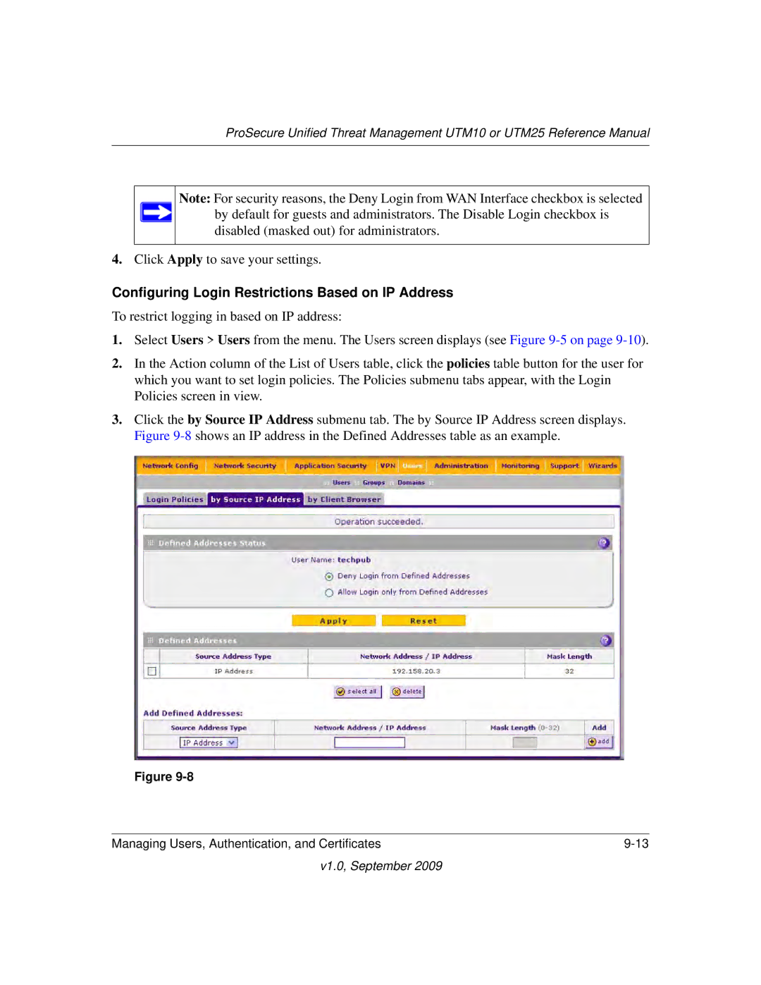 NETGEAR UTM10EW-100NAS, UTM25-100NAS, UTM25EW-100NAS manual Configuring Login Restrictions Based on IP Address 