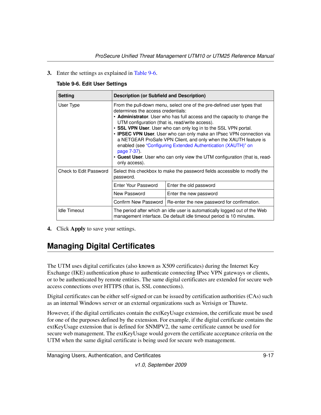 NETGEAR UTM25EW-100NAS, UTM25-100NAS, UTM10EW-100NAS manual Managing Digital Certificates, Edit User Settings 