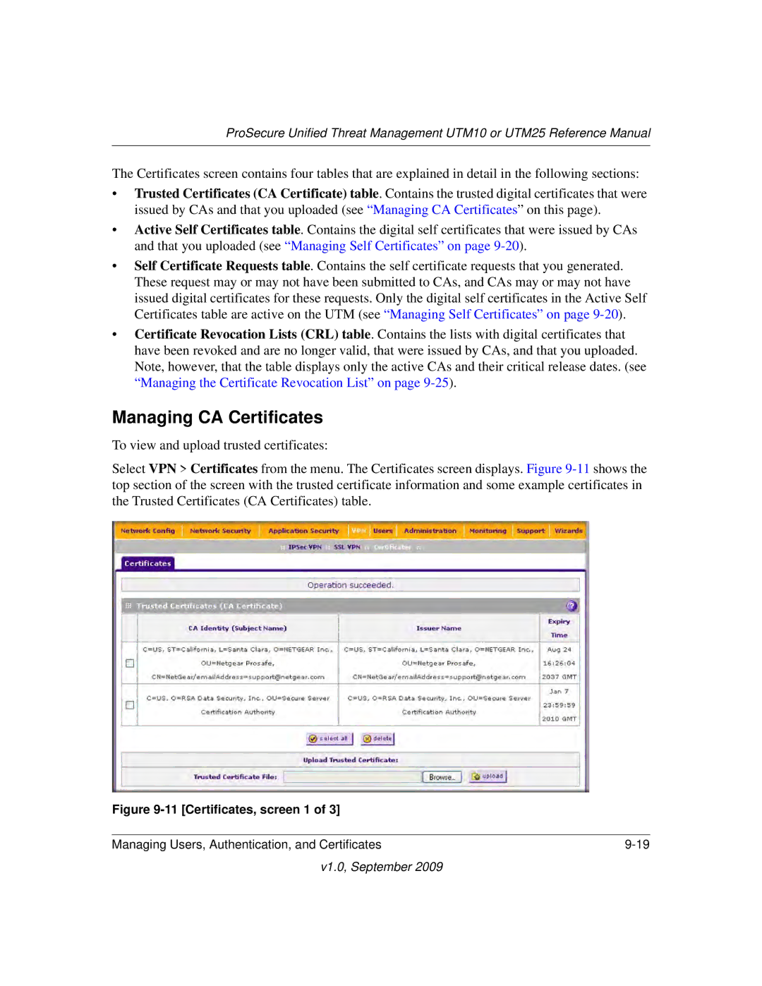 NETGEAR UTM10EW-100NAS, UTM25-100NAS, UTM25EW-100NAS manual Managing CA Certificates, Certificates, screen 1 