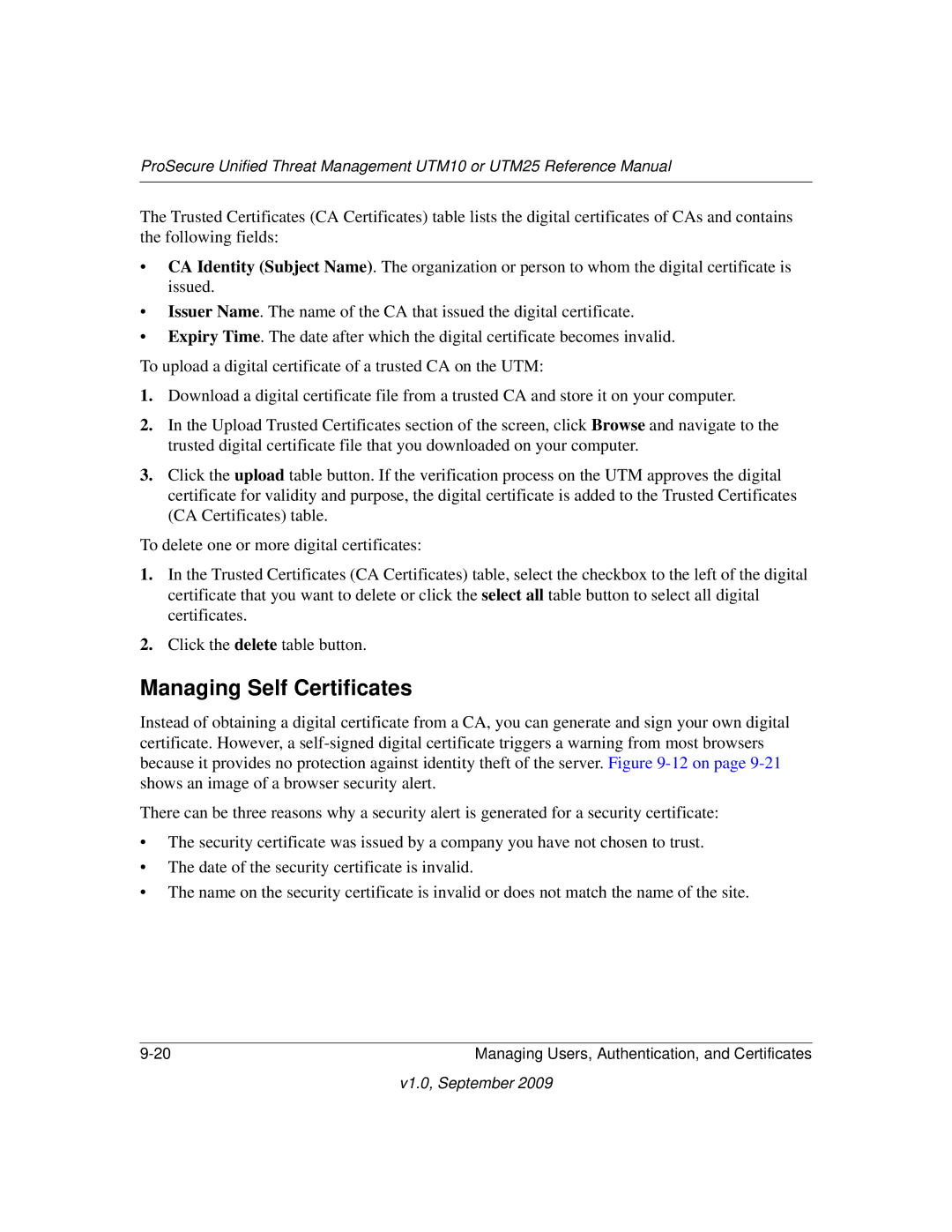 NETGEAR UTM25EW-100NAS, UTM25-100NAS, UTM10EW-100NAS manual Managing Self Certificates 