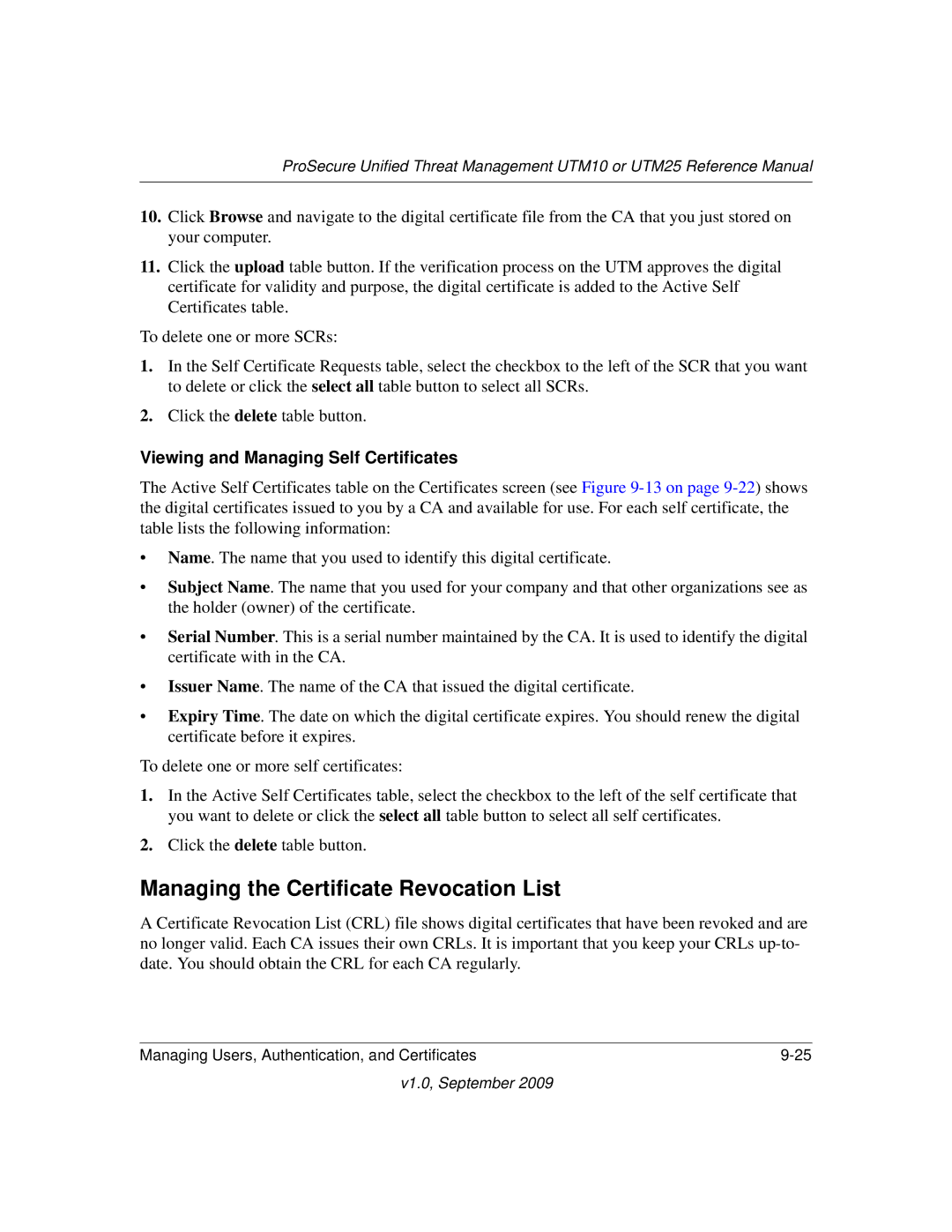 NETGEAR UTM10EW-100NAS, UTM25-100NAS manual Managing the Certificate Revocation List, Viewing and Managing Self Certificates 