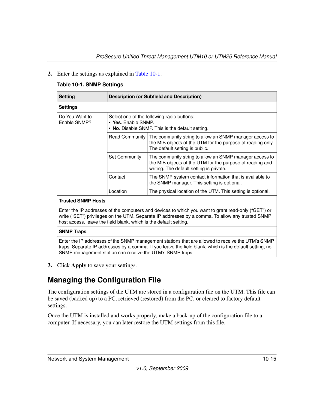 NETGEAR UTM25EW-100NAS, UTM25-100NAS manual Managing the Configuration File, Snmp Settings, Trusted Snmp Hosts, Snmp Traps 