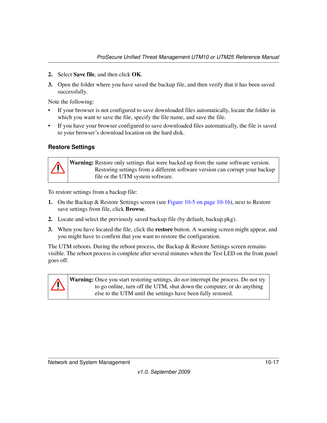 NETGEAR UTM10EW-100NAS, UTM25-100NAS, UTM25EW-100NAS manual Restore Settings 