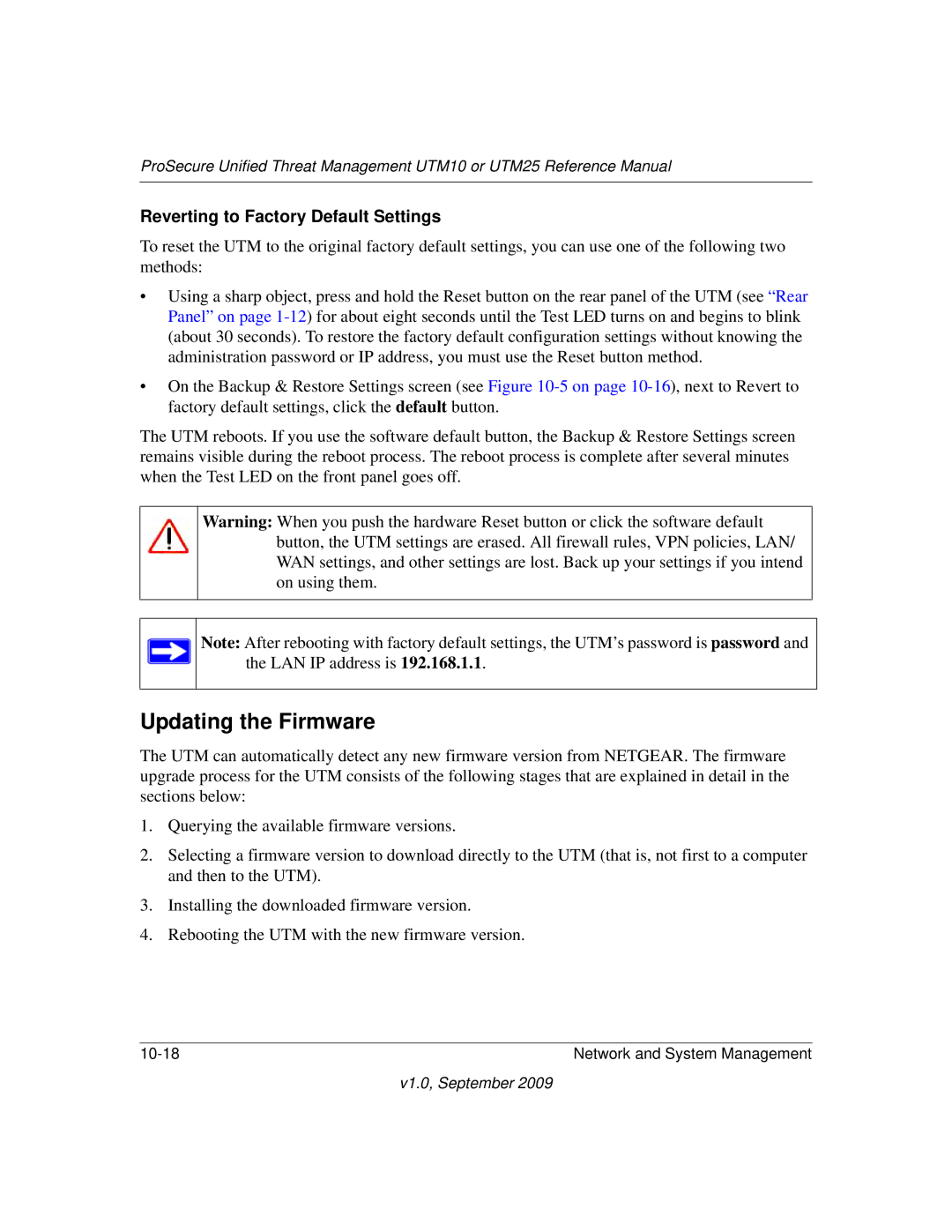 NETGEAR UTM25EW-100NAS, UTM25-100NAS, UTM10EW-100NAS manual Updating the Firmware, Reverting to Factory Default Settings 