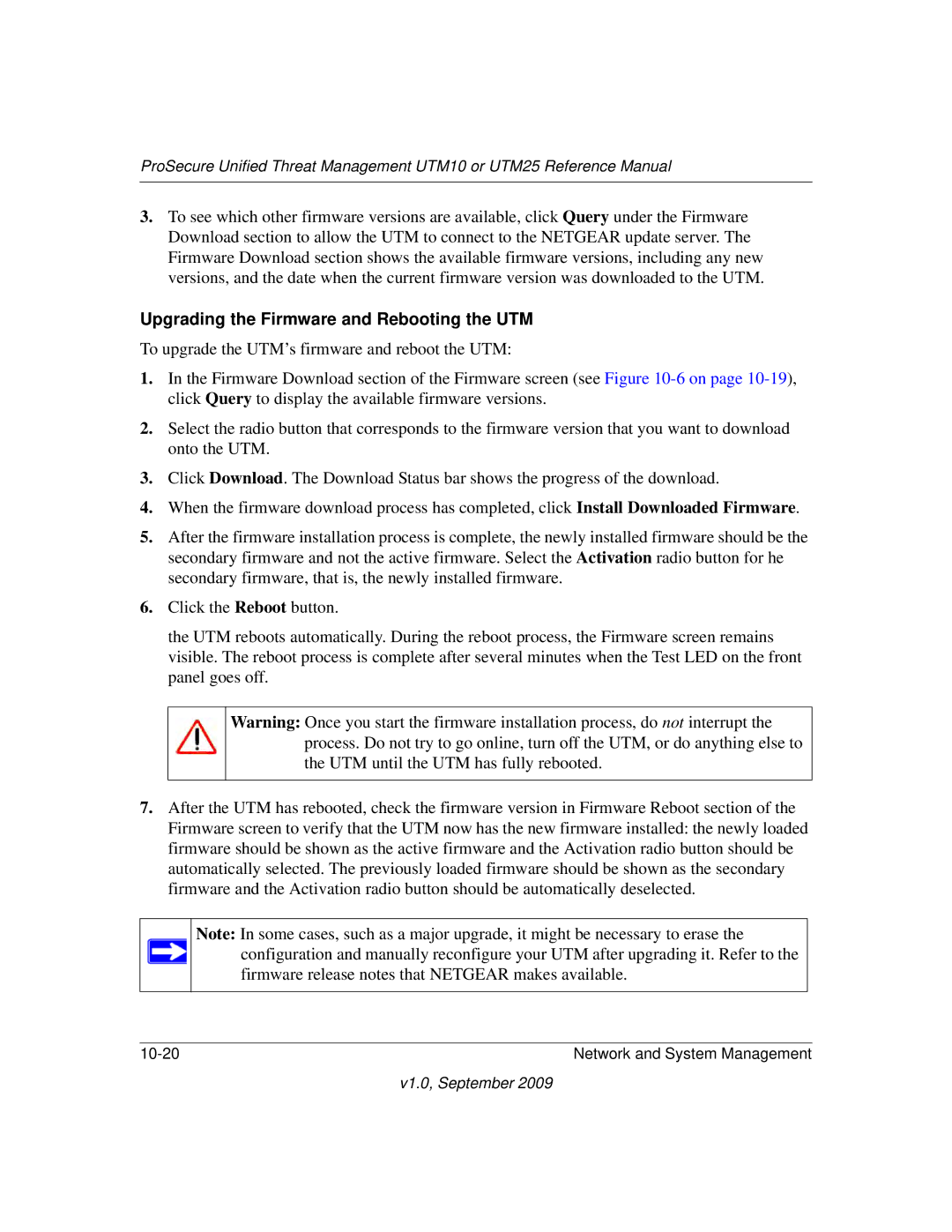 NETGEAR UTM10EW-100NAS, UTM25-100NAS, UTM25EW-100NAS manual Upgrading the Firmware and Rebooting the UTM 