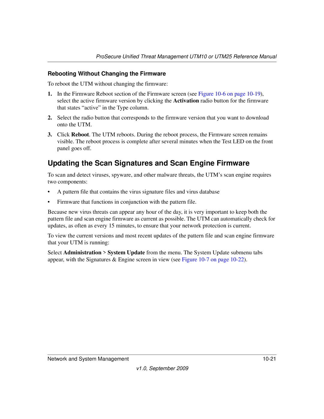 NETGEAR UTM25EW-100NAS Updating the Scan Signatures and Scan Engine Firmware, Rebooting Without Changing the Firmware 