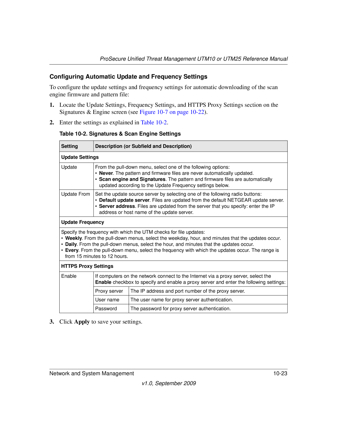 NETGEAR UTM10EW-100NAS manual Configuring Automatic Update and Frequency Settings, Signatures & Scan Engine Settings 