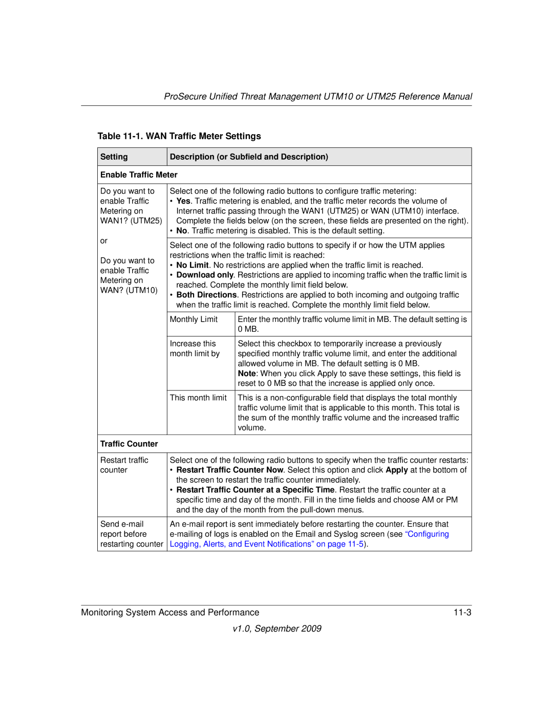 NETGEAR UTM10EW-100NAS manual WAN Traffic Meter Settings, Traffic Counter, Logging, Alerts, and Event Notifications on 