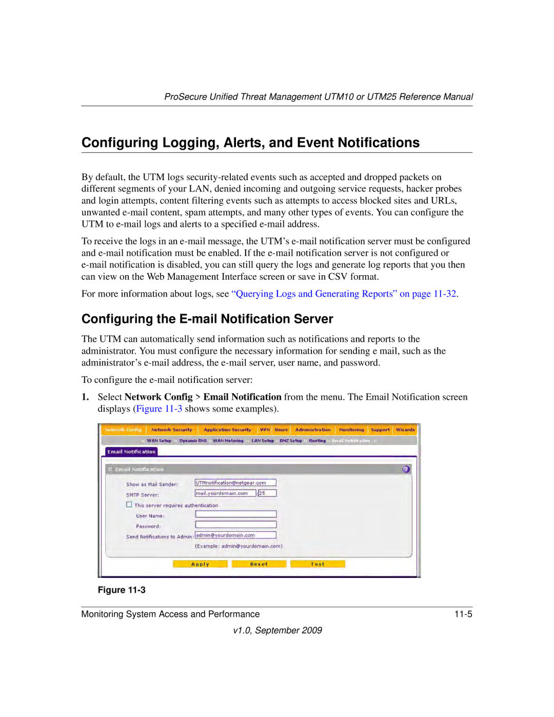 NETGEAR UTM25-100NAS Configuring Logging, Alerts, and Event Notifications, Configuring the E-mail Notification Server 