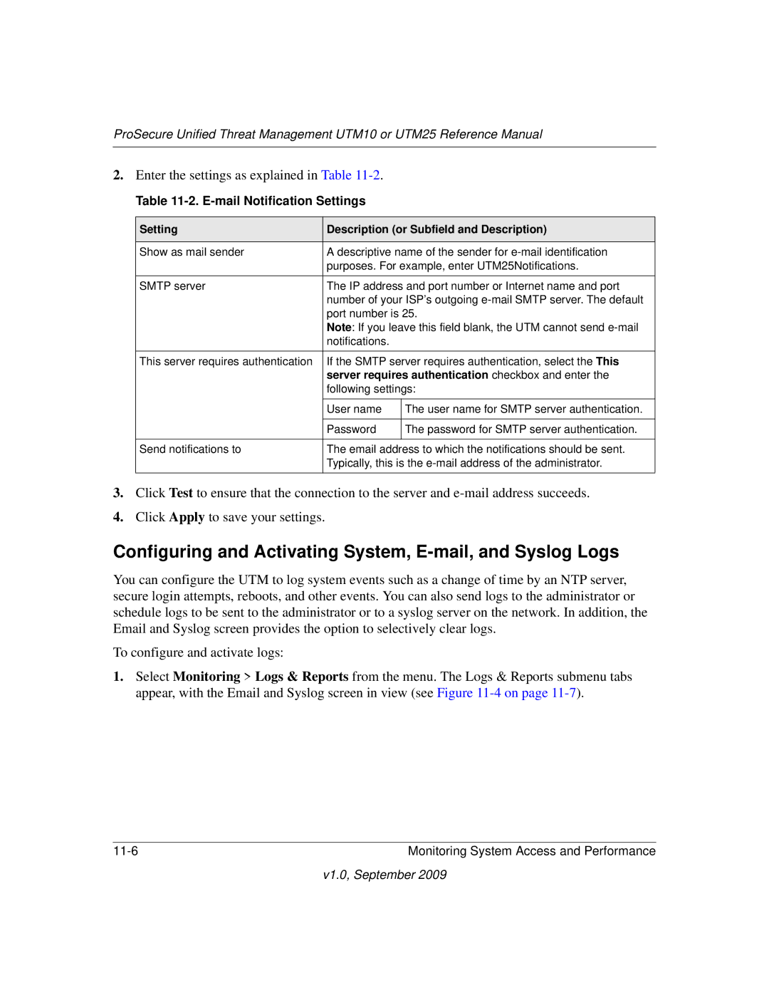 NETGEAR UTM10EW-100NAS manual Configuring and Activating System, E-mail, and Syslog Logs, E-mail Notification Settings 