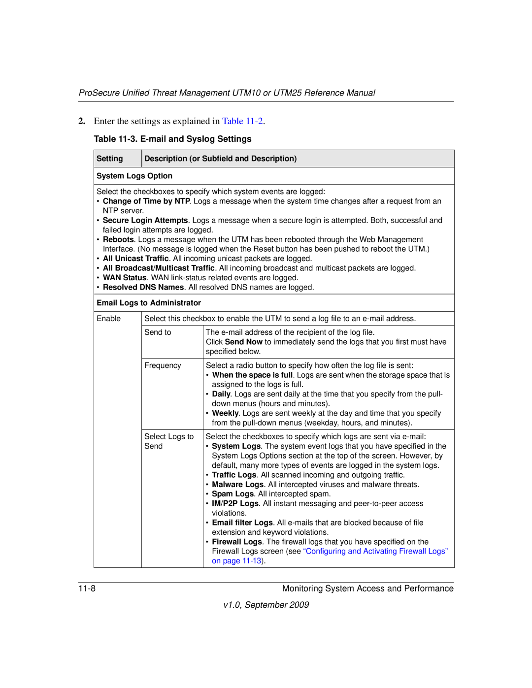 NETGEAR UTM25-100NAS, UTM10EW-100NAS, UTM25EW-100NAS manual E-mail and Syslog Settings, Email Logs to Administrator 