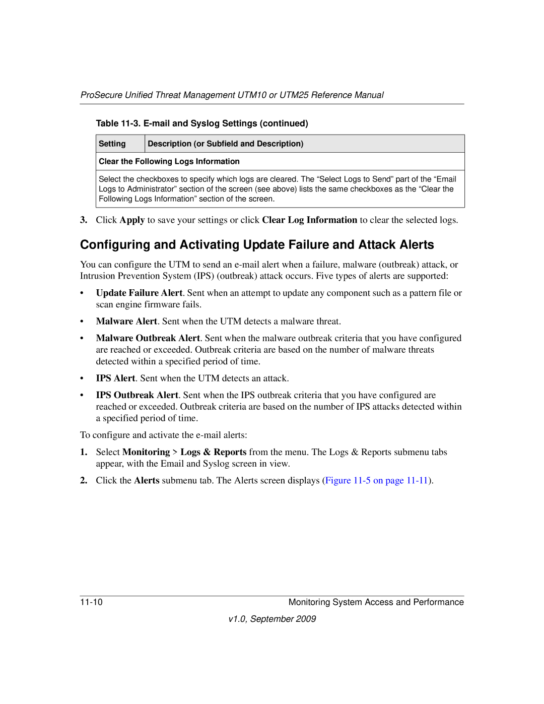 NETGEAR UTM25EW-100NAS, UTM25-100NAS, UTM10EW-100NAS manual Configuring and Activating Update Failure and Attack Alerts 