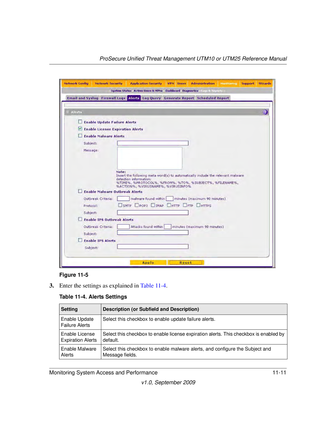 NETGEAR UTM25-100NAS, UTM10EW-100NAS, UTM25EW-100NAS manual Alerts Settings 