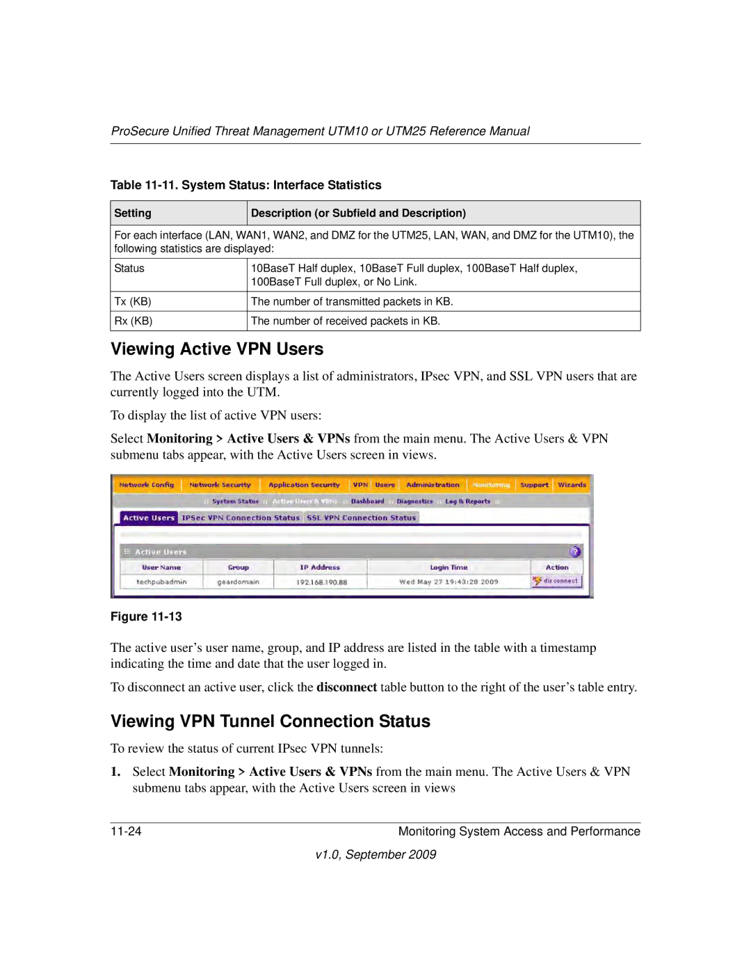 NETGEAR UTM10EW-100NAS Viewing Active VPN Users, Viewing VPN Tunnel Connection Status, System Status Interface Statistics 