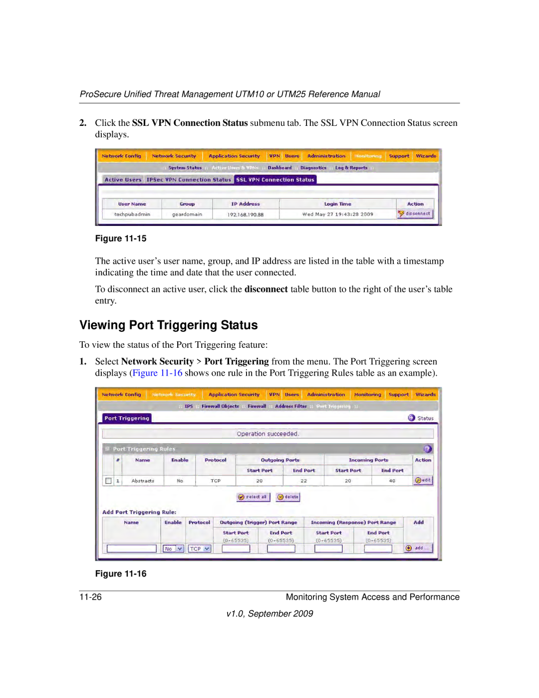 NETGEAR UTM25-100NAS, UTM10EW-100NAS Viewing Port Triggering Status, To view the status of the Port Triggering feature 