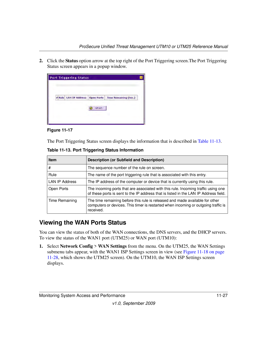 NETGEAR UTM10EW-100NAS, UTM25-100NAS, UTM25EW-100NAS manual Viewing the WAN Ports Status, Port Triggering Status Information 