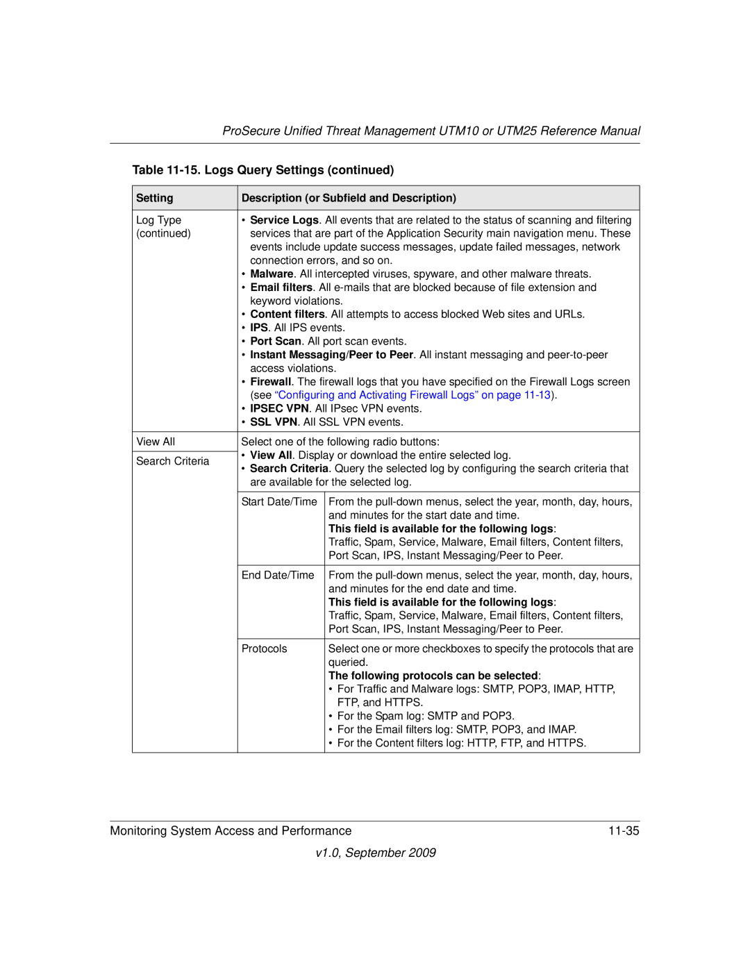 NETGEAR UTM25-100NAS manual See Configuring and Activating Firewall Logs on, This field is available for the following logs 