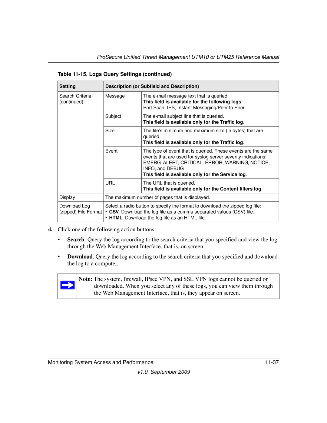 NETGEAR UTM25EW-100NAS EMERG, ALERT, CRITICAL, ERROR, WARNING, Notice, This field is available only for the Service log 